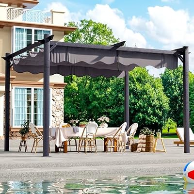 BETISEF 10'x12' Outdoor Pergola with Retractable Canopy, Patio Metal Heavy-Duty Gazebo Shelter for Backyard, Deck, Garden