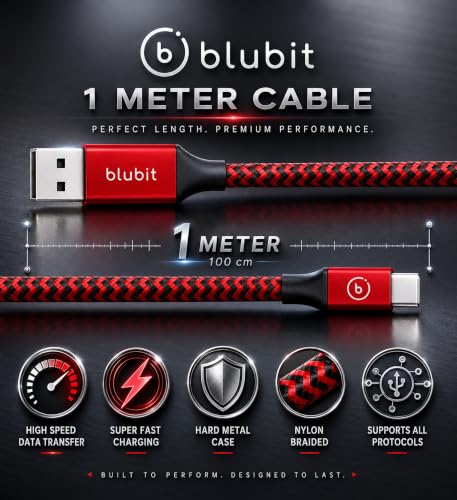 Image of USB Type C Cable, 3A Fast Charging & Data Sync Cord, Durable Nylon Braided USB-C to USB-A Cable for Samsung, Mi, Realme, OnePlus & All Android Smartphones (1 Meter, Red-Black)
