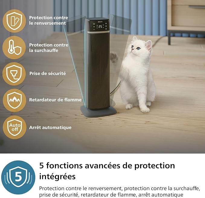 philips radiateur soufflant séries 5000, technologie de chauffage céramique, ia pour économiser de l'énergie, chauffe en 2 secondes et 5 fonctions intégrées, contrôle par app, gris et noir (cx5120/11)