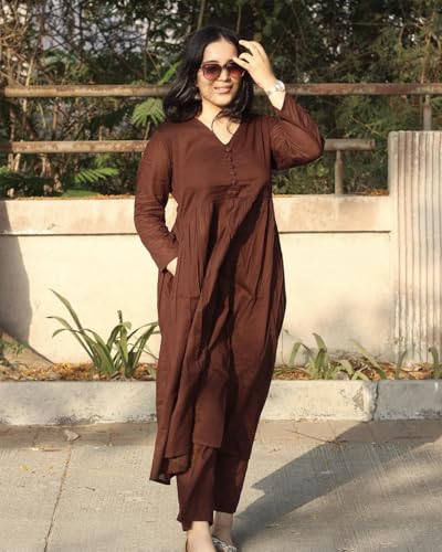 Image of Anarkali Kurta Pant Set for Women Long Flared V-Neck Kurta | Office & Casual Wear | 3 /4 Sleeve | Button Front | Karwa Chauth & Diwali Special Office wear