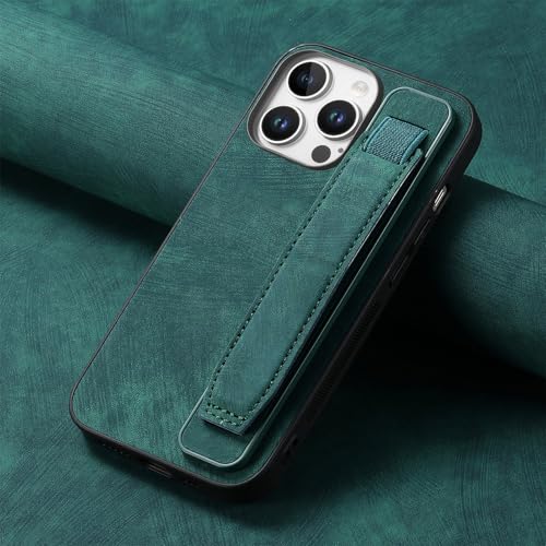 Omio Designed for iPhone 16 Pro Max Leather Case with Stand & Strap, Wrist Strap Leather Back Cover Hard PC Shockproof Finger Grip Case for Men Women Girls, Green by Omio - Used condition - Image 2