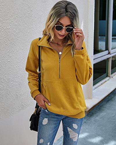 Prettygarden Women’s Casual Long Sleeve Lapel Zipper Sweatshirt Drawstring Loose Pullover Tops Yellow #TOP3