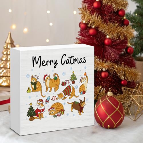 Image of Cat Christmas Decor, Merry Christmas Wood Box Sign, Cats Lovers Gifts for Women, Farmhouse Xmas Home Office Decorations for Desk Table Shelf 5 X 5 Inches