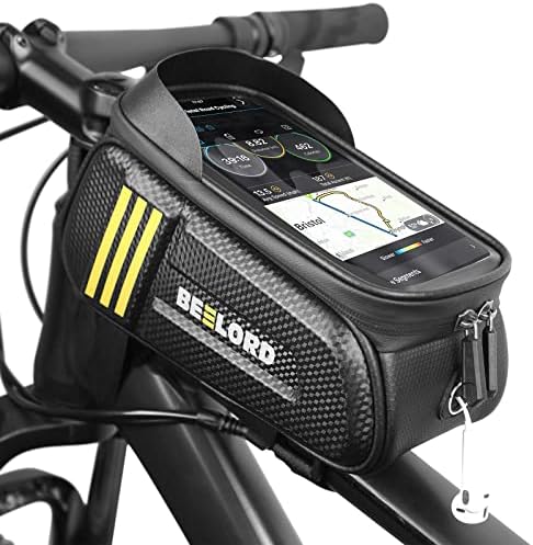 BEELORD Bike Bags for Bicycles, Cycling Frame Bag with Cell Phone Holder for Adult Road Mountain Bike Accessories, Top Tube Handlebar Pouch with Touch Screen and Rain Cover for MTB E-bike,6.8‘’