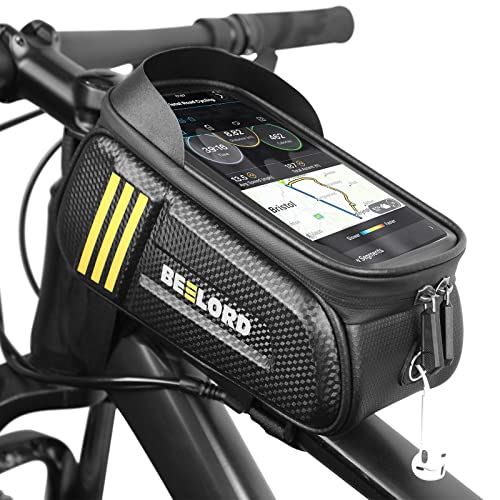 Beelord Bike Bags For Bicycles, Cycling Frame Bag With Cell Phone Holder For Adult Road Mountain Bike Accessories, Top Tube Handlebar Pouch With Touch Screen And Rain Cover For Mtb E-Bike,6.8‘’ #TOP2