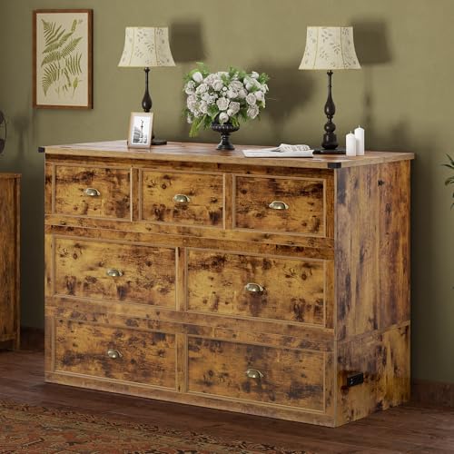 Image of AMERLIFE Queen Size Murphy Bed, Farmhouse Wooden Cabinet with Charging Station and Storage Drawer for Bedroom /Office /Guest Room, Rustic Brown