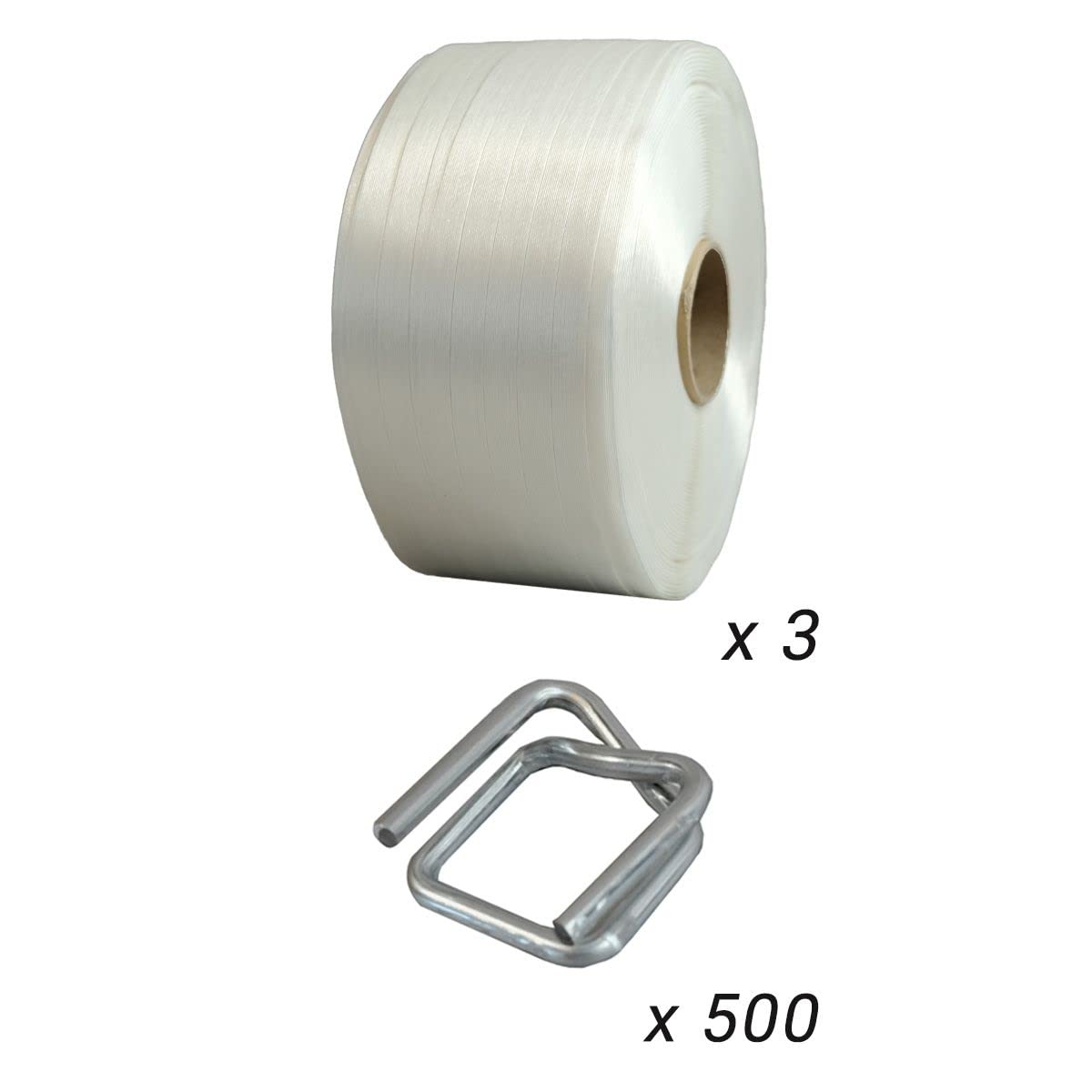 Pack 3 Flejes hilo a hilo 16 mm x 850 m + 500 hebillas GRATIS - Fleje textil de alta resistencia 450kg - TECPLAST PFF3