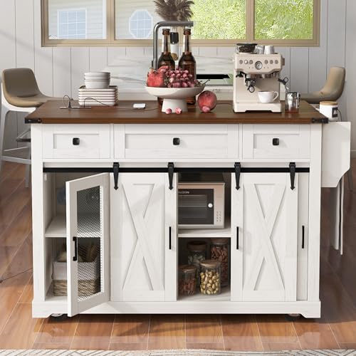 FNK Kitchen Island Storage Cabinet Cart with Lockable Wheels & Power Outlet