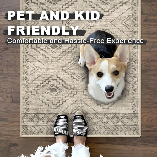 KILOCOCO Hallway Runner Rug 2'x8' Runners for Hallways Washable Runner Rug Non Slip Rubber Backed Low-Pile Runners for Bedroom Kitchen Living Room Laundry Room Boho Rugs, Beige/Gray/Green