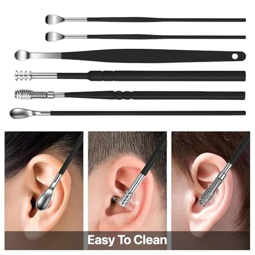 Image of Dr Vaku Reusable EarWax Removal Cleaning Tool Kit (Set of 7) Stainless Steel With Storage Case Ear Pick Scoop Curette Cleaner And Spring Buds Safe Easy & Hygienic- Black