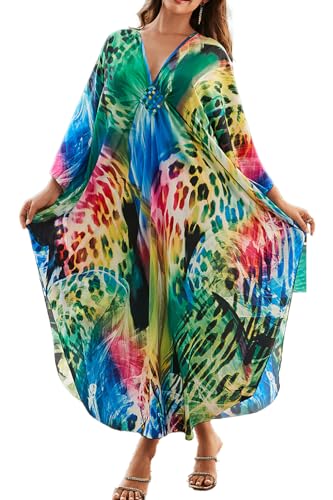 Image of LikeJump Women's Bohemian V Neck Kimono Maxi Swimsuits Kaftan Bikini Cover Ups Summer Beach Dress Tops