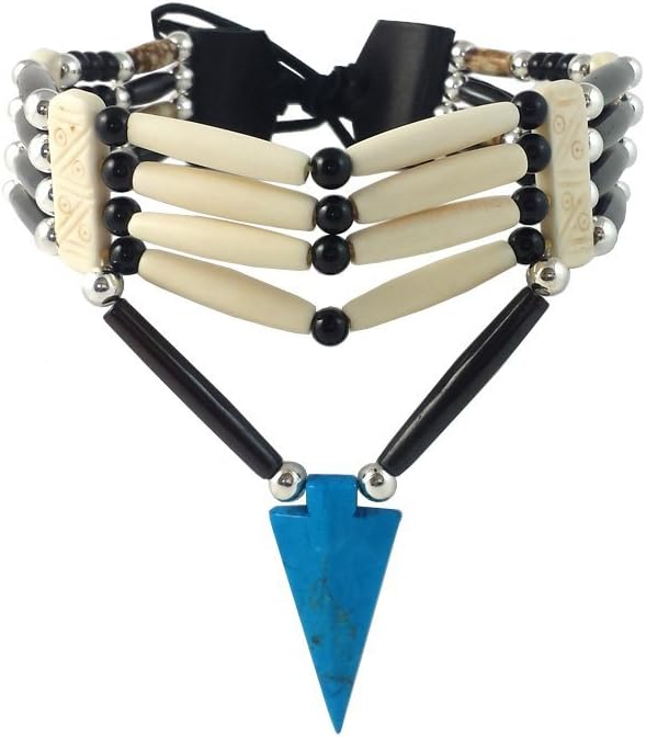 Handmade Traditional 4 Row Buffalo Bone Hairpipe Tribal Choker Necklace with Arrowhead Pendant