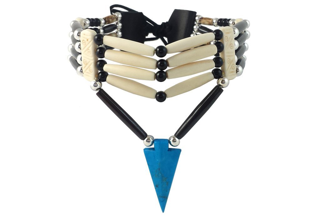 Handmade Traditional 4 Row Buffalo Bone Hairpipe Tribal Choker Necklace with Arrowhead Pendant