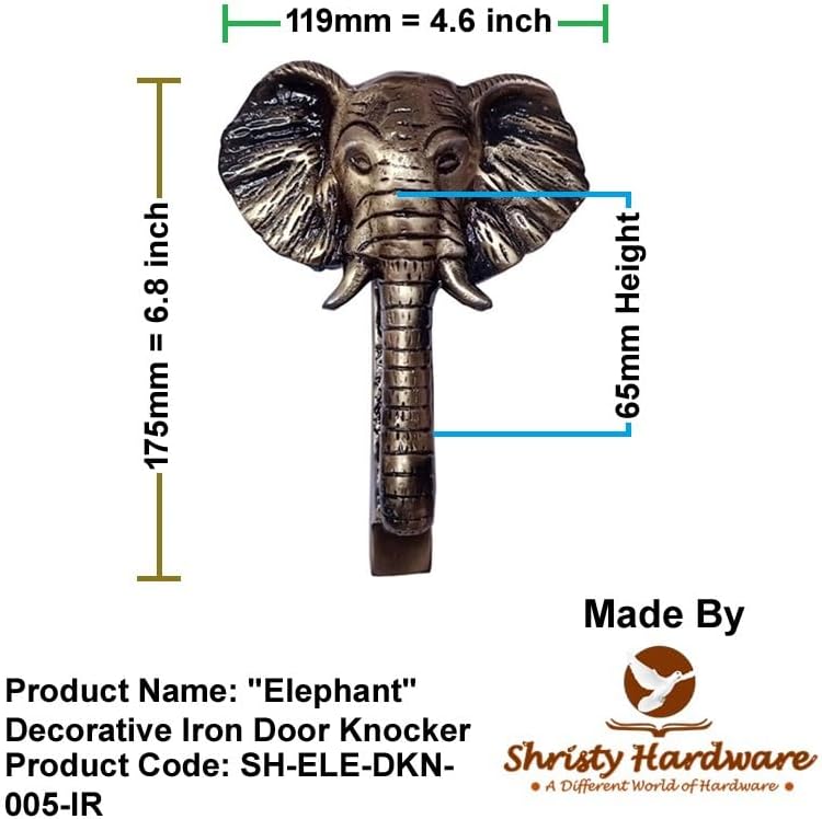Shristy Hardware "Elephant" Decorative Iron Door Knocker for Door Front - Exterior for Home Iron Door Knocker Front Door Entry Knocker - (Pack of 1 - Antique Brass Finish)