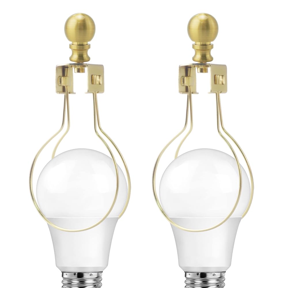 Asjeumt 2 Pieces Lamp Shade Light Bulb Clip Adapter Kit, Antique Brass Lampshade Holder with Round Top Finial, No Harp Required, Clip on Bulb, DIY Replacement Repair Table & Floor Light Metal Parts