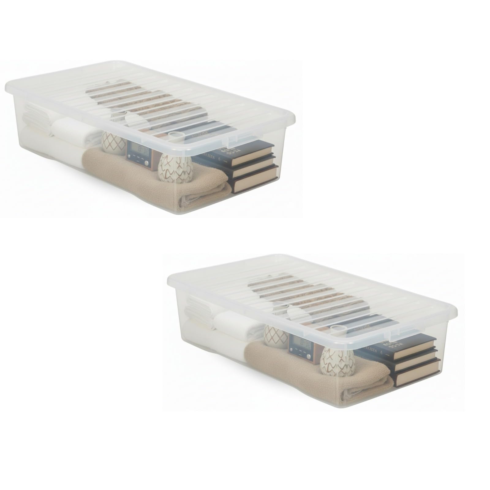 PD - Set of 2 43L Clear Under Bed Storage Box with Lid - Plastic Stackable & Nestable Slim Container - Strong Lightweight Space Saving Solution - Multipurpose Organiser for Home Storage
