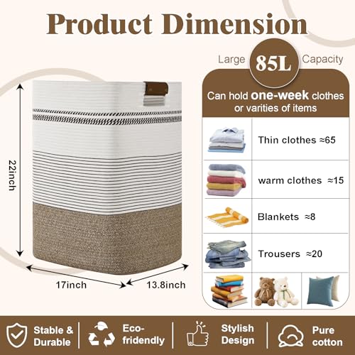 Image of Laundry Hamper, 85L Tall Laundry Basket with Leather Handles, Rectangle Large Clothes Hamper for Organizing, Cotton Woven Laundry Baskets Storage Hampers for Bedroom, Nursery, Living Room