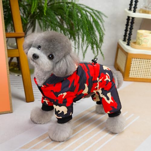 Izefia Dog Coat Pet Apparel Jumpsuit Windproof Cold Weather Coat 4 Legs Camouflage Jacket Warm Winter Thick Clothes Snow Proof Coat Cotton Dog Coat for Small Dog Medium Dog Cat Red M - Image 4