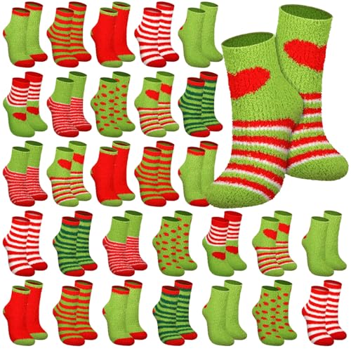 Image of Hoolerry 30 Pairs Christmas Fuzzy Socks in Bulk for Women Adult Men Gifts Fluffy Holiday Winter Socks Unisex Warm Crew Gifts