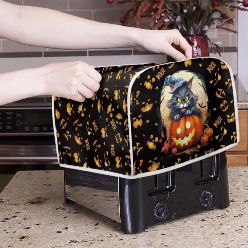 Image of Talayituse Halloween Cat Pumpkin Bat Print 2 Slice Toaster Dust Covers Kitchen Small Appliance Cover, Stain Resistant Dust Protection Bread Machine Cover with Top Handle Halloween Decor, S