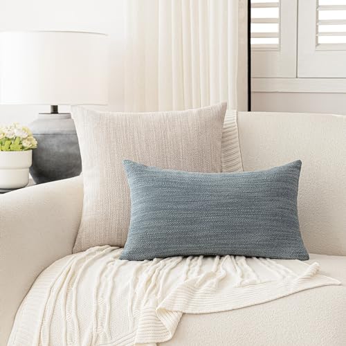 Image of Foindtower Set of 2 Decorative Textured Burlap Linen Throw Pillow Covers Farmhouse Boho Lumbar Cushion Cover Solid Accent Pillowcase for Couch Sofa Bed Living Room Home Decor,12x20 Inch,Blue Gray