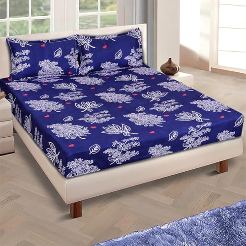 Image of ROMEE Elegant Floral Printed Glace Cotton Double Bedsheet, 144 TC Soft Feel, Queen Size (90 x 100 Inches), with 2 Pillow Covers, Navy Blue