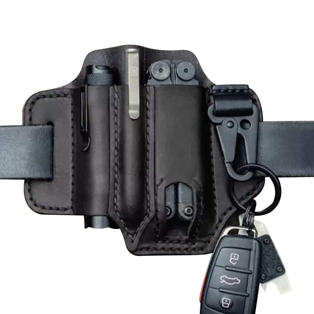 Leather Multitool Sheath for Belt, Pocket Organizer with Key Holder, Storage Belt Waist Bag Flashlight, Multitool Pouch for Men Camping (Black) ;1
