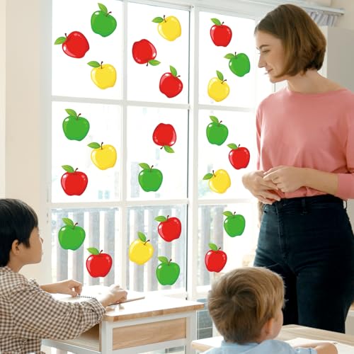 Image of Whaline 9 Sheet Back to School Window Clings Colorful Cartoon Apples Reusable Window Decals for First Day of School Party Supplies Classroom Nursery Home Glass Decor