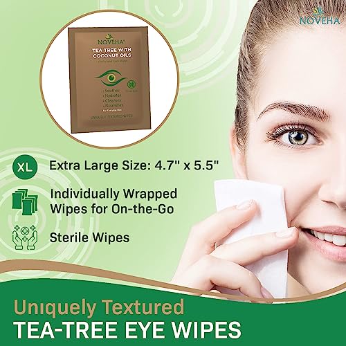noveha 60pcs tea tree amp coconut oil eyelid amp lash wipes - for demodex blepharitis amp itchy eyes individually wrapped eyelash wipes with aloe vera natural makeup remover amp daily eye cleanser