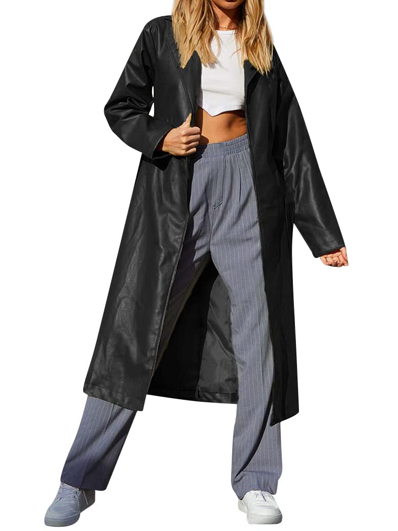 Ytfsrukp Women's Casual Lapel Open Front Pu Faux Leather Long Trench Coat with Belt Motorcycle Cropped Pleather Jackets Black