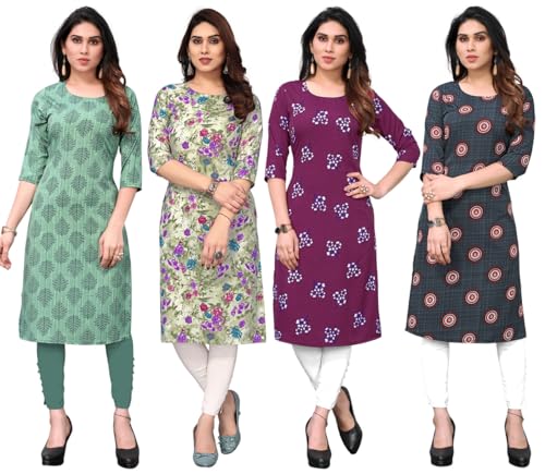 Image of JAKHANA Women's Crepe Printed Casual Straight Calf Length Round Nick Kurta Pack of 4