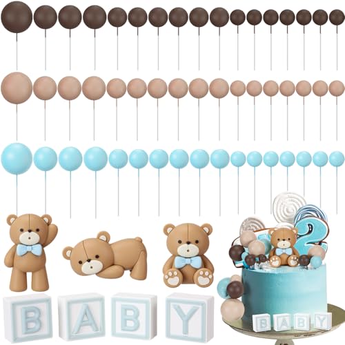 Roowest 85 Pcs 3D Bear Cake Toppers Brown Blue Foam Ball Cake Toppers Baby Letter Block Decorations for We Can Bearly Wait Party Decorations by Roowest - Used condition - US$15.43