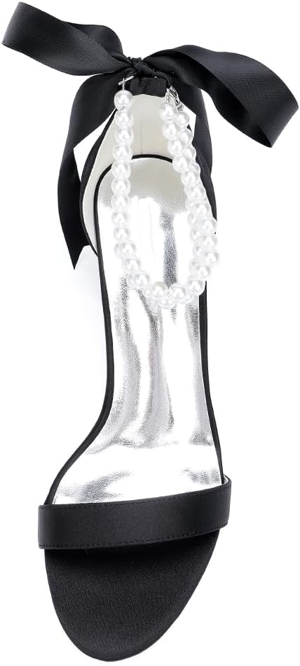 Wome's Open Toe Pearl Wedding Shoes High Heels,Satin Block Heel Ankle Strap Wedding Sandals,Chunky Heel Bridal Shoes Pumps - Image 3