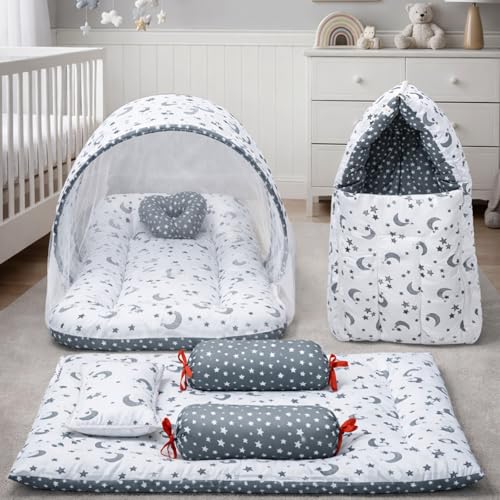 Image of Infantbond Designer Mattress with Net | Baby Sleeping Bag | Carry Bed (0-6 Months) (Moon Grey(N,S))
