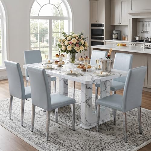64.5" White Faux Marble Dining Table Set for 6, White