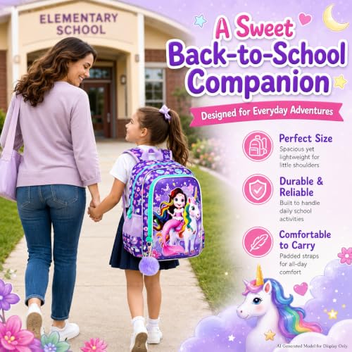 Image of 16 inch Mermaid Backpack for Girls, 3Pcs Unicorn Kids Bookbag with Lunch Box,School Backpacks for Elementary Preschool Kindergarten (Purple)