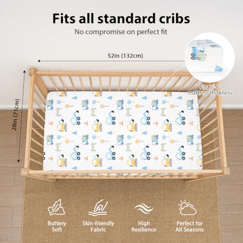 Image of Baby Crib Sheets for Boys and Girls, 3 Pack Toddler Bed Sheets for 52 inchx28 inch Standard Toddler Mattresses, Soft Microfiber Fitted Crib Sheets Neutral Blue Truck