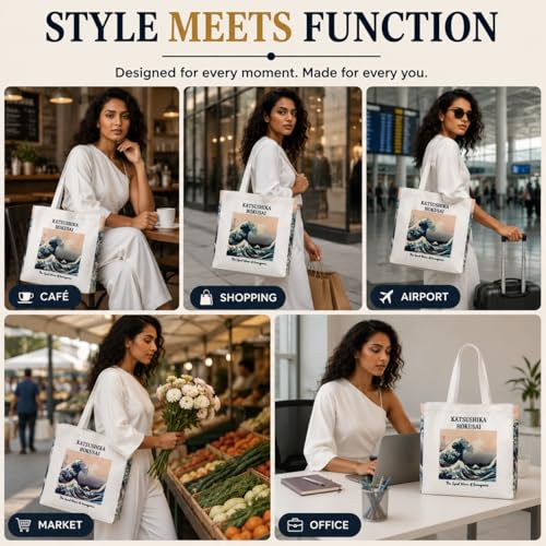 Image of Artsy Canvas Tote Bag for Women | Zipper Closure, Bottle Holder & Keychain Hook | Premium Cotton Canvas Bag for Travel, College, Office | Reusable Shopping Tote Bag Gift