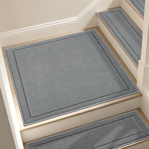 JSEI Edging Stair Treads Non-Slip Corner Indoor Stair Runners for Wooden Steps, 1 Pack 30" X 30" Landing Stair Rugs Mat for Kids and Dogs, 100% Polyester, Light Grey