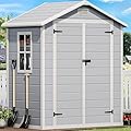 DWVO 6x4 FT Resin Storage Shed with Reinforced Floor, Outdoor Storage Shed with Lockable Door, Window and Vents, Waterproof Plastic Tool Storage for Garden, Backyard, Patio, Lawn