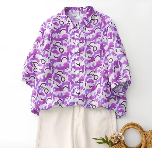 Image of Gufrina Women's Abstract Printed Button Down Shirt with Mandarin Collar and Above Elbow Sleeve Relaxed Fit Top