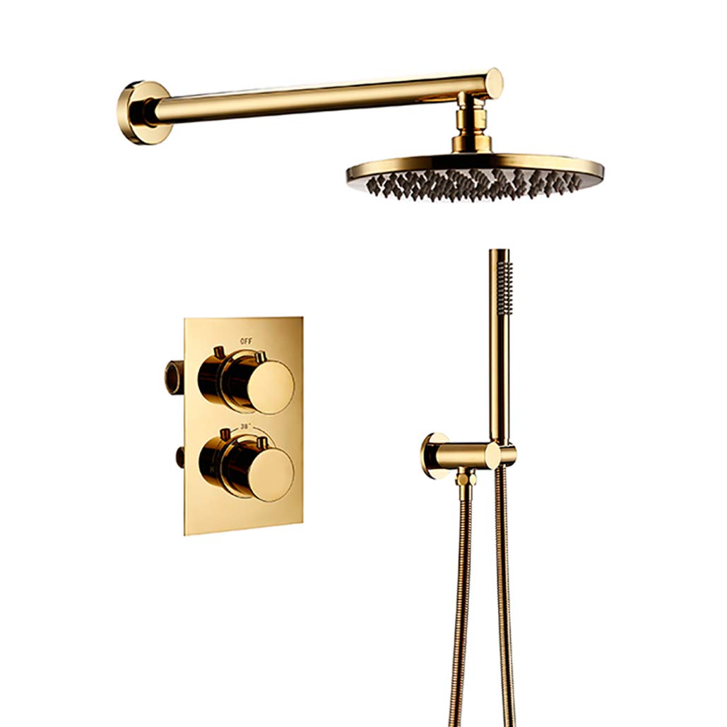 OZBMA shower set system, wall mounted titanium d brass thermostatic valve bathroom taps with 8-12 inch round rainfall head and handheld shower, set,12 (A 12 Inch)