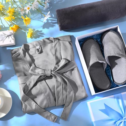 Handepo 2 Sets Waffle Bath Robe Set Unisex Hotel His and Hers Robes Couples Lightweight Knit Spa Bathrobe Slipper Hair Towel(Grey,L)4