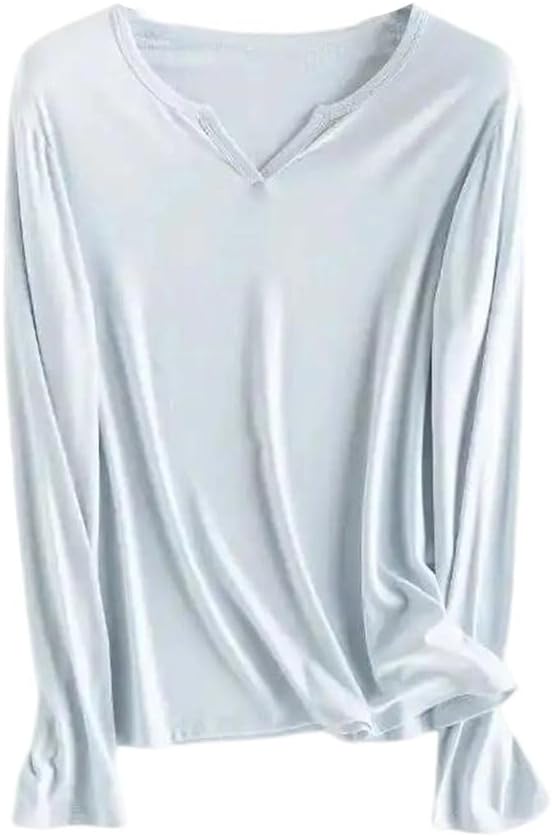 Women T-Shirt V-Neck Soft Long Sleeve Basic Comfortable All-Match Solid Color Tops