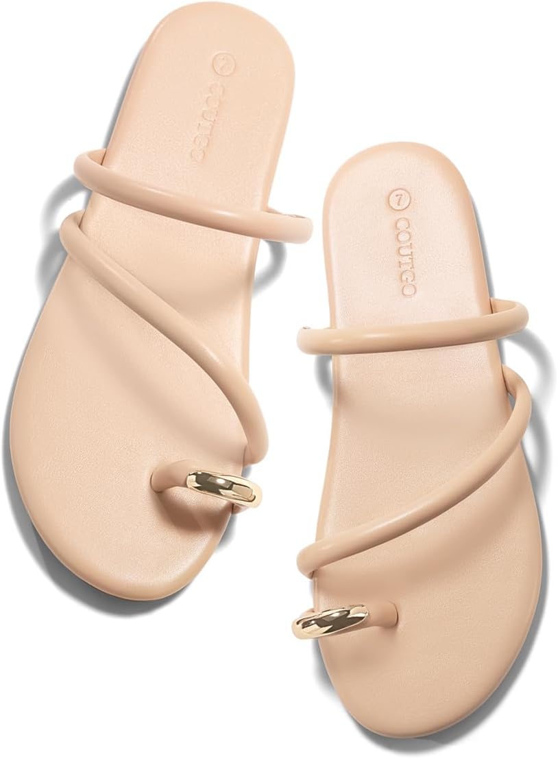 - Womens Strappy Flat Sandals Square Open Toe Flip Flops Slides Toe Ring Metal Summer Dress Shoes