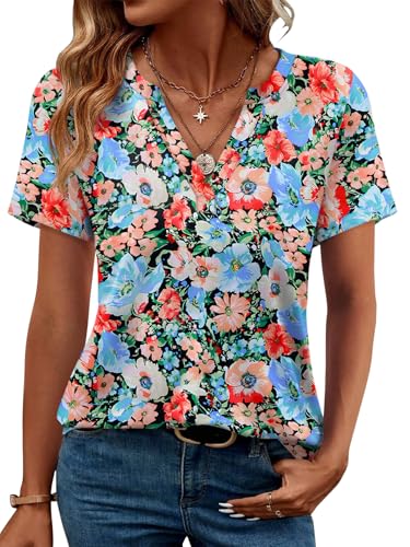 Image of WEESO Womens Tops Summer Short Sleeve V Neck Blouses Business Casual Loose Fit Tshirts Trendy Fashion Outfits