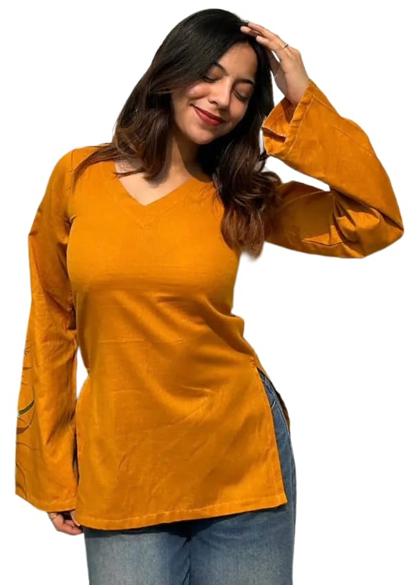 Image of FELISIA Women's Rayon Floral Printed Full Sleeves V-Neck Short Kurti, Bell Sleeves, Short Kurti for Woman, Stylish Ethnic Top, Daily Casual Western & Office wear