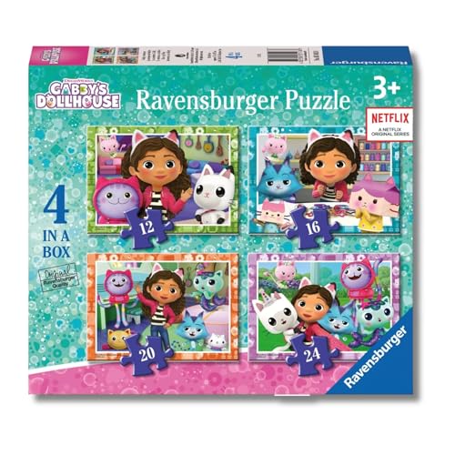 Ravensburger - Puzzle: Gabby's Dollhouse XXL, Casa de Muñecas Gabby, Puzzles Niños 3 Años o Más, Rompecabezas, 4 Puzzles de 12, 16, 20 y 24 Piezas, Regalos Niños 3 Años, 70x50cm