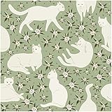 HAOKHOME Cat Wallpaper Peel and Stick Floral Animal Sage Green/Cream Self Adhesive Wall Murals Home Kitchen Bedroom Decor 17.7in x 9.8ft