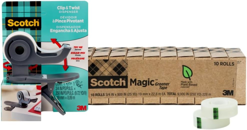 Scotch Desktop Bundle Black Scotch Tape Dispenser + 10 Rolls Scotch Magic Greener Tape, Great for Gift Wrapping